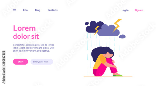 Young lonely girl sitting under storm cloud isolated flat vector illustration. Cartoon unhappy woman crying because of problems. Depression and mental disorder concept