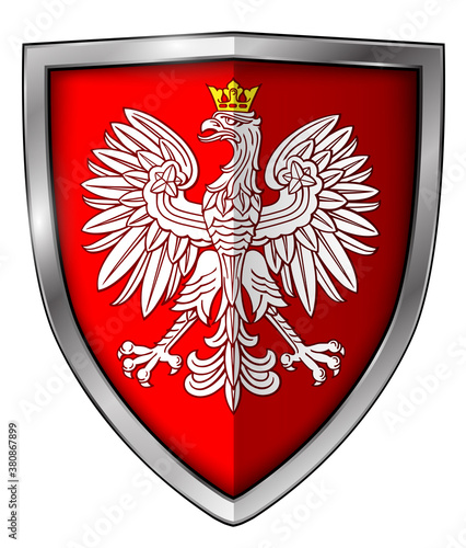Coat of Arms of Poland, national symbol icon design - white eagle on shield, 3D vector illustration.