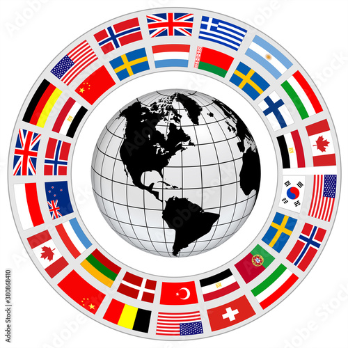 Earth globe 3D icon with a ring of flags around as international cooperation vector symbol.