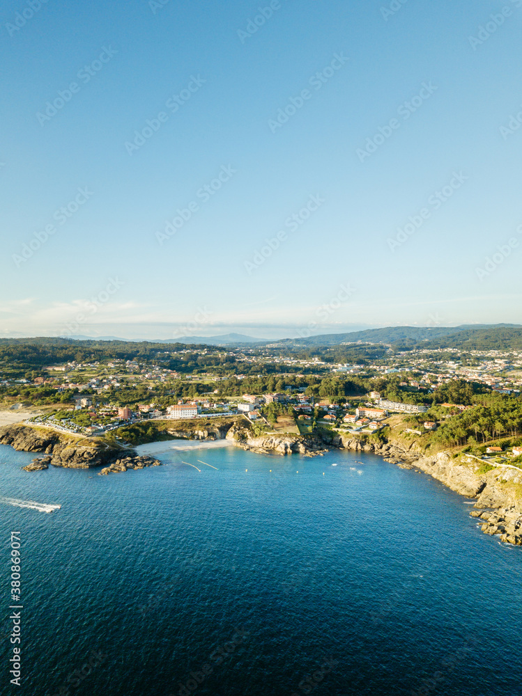 Aerial view of the Galician coast at the opening of the Ria de Pontevedra, were the Atlantic ocean meets the land.