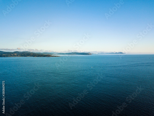 Panorama view of Cies islands in the R  a de Vigo in Galicia  Spain.