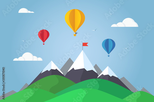 Hot air balloon flying in mountains. Paper art and origami style.