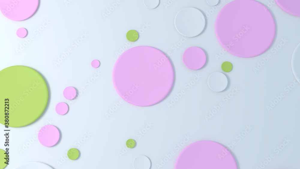Abstract pink, white and green 3d circles dots pattern. Modern color and shapes background