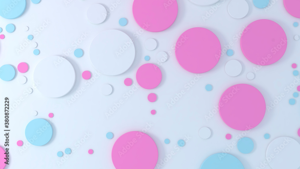 Abstract pink, white and blue 3d circles dots pattern. Modern color and shapes background