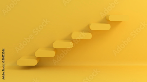 Yellow steps on blank wall. Staicase going up. 3d render photo
