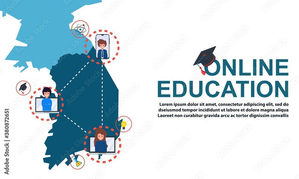Online education with maps of South Korea and ad distance course tutorials and study slogans anywhere anytime Free Vector