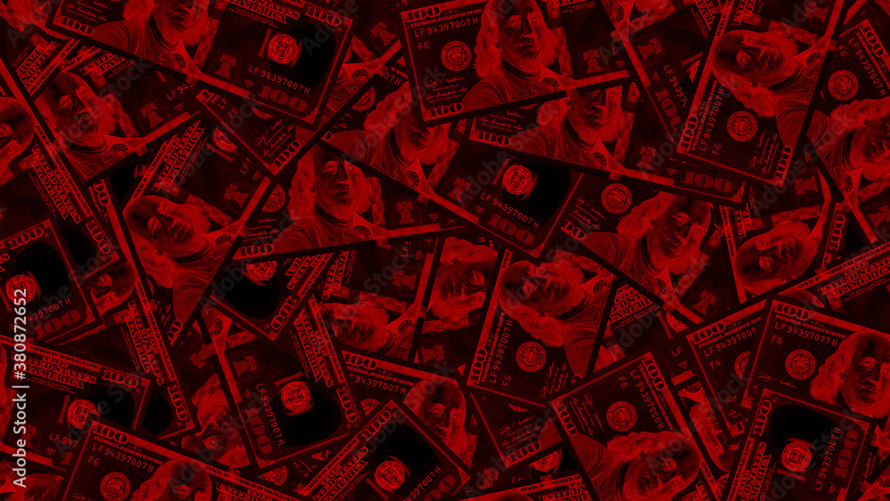 Fototapeta premium Illustration of a seamless rectangular pattern. US red and black paper money. Randomly scattered 100 dollar banknotes obverse