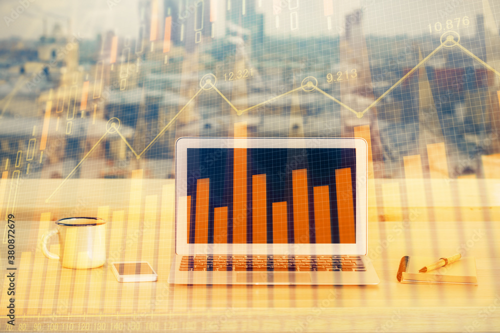 Multi exposure of forex chart and work space with computer. Concept of international online trading. Multi exposure of forex chart and work space with computer. Concept of international online trading.