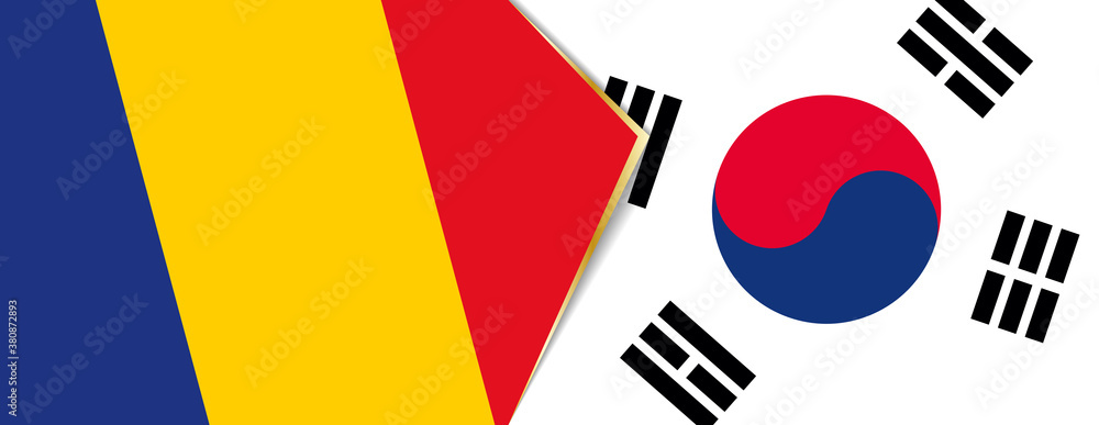 Romania and South Korea flags, two vector flags. Romania and South Korea flags, two vector flags.