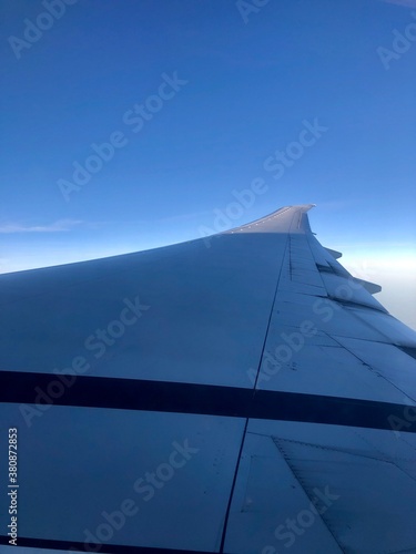 View of Boeing 747 wing from plane 