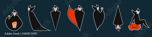 Set of dracula stickers in different pose for Halloween. Costume for masquerade. Cute flat vector illustration on isolated background.