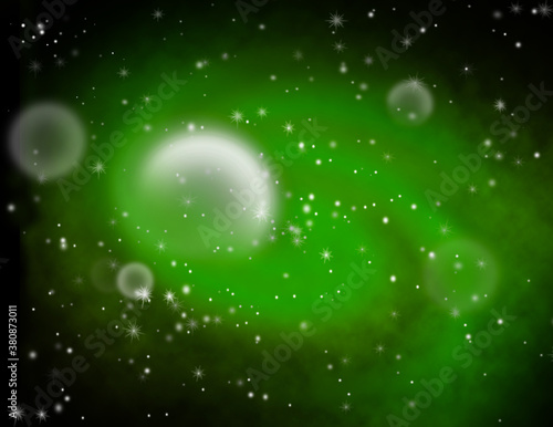 Outer space with stars, planets and green galaxy, digital illustration