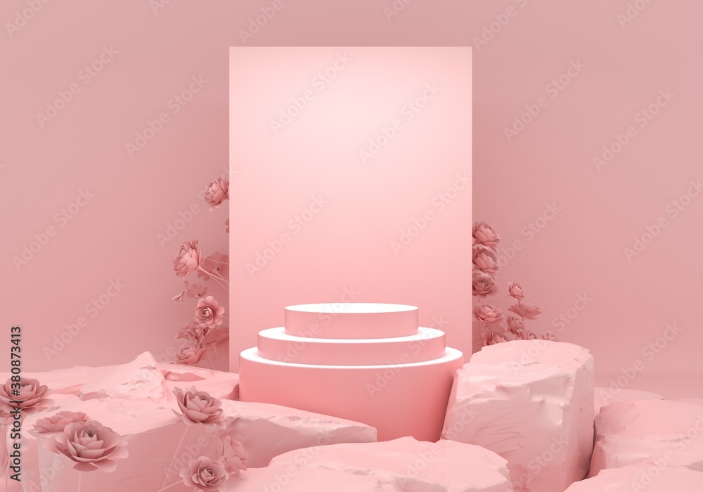 Minimal abstract background with rock and flowers. Empty podium, pastel color, modern stage, showcase.minimalist mockup for podium display or showcase, 3d rendering.
Minimal abstract background with rock and flowers. Empty podium, pastel color, modern stage, showcase.minimalist mockup for podium display or showcase, 3d rendering.