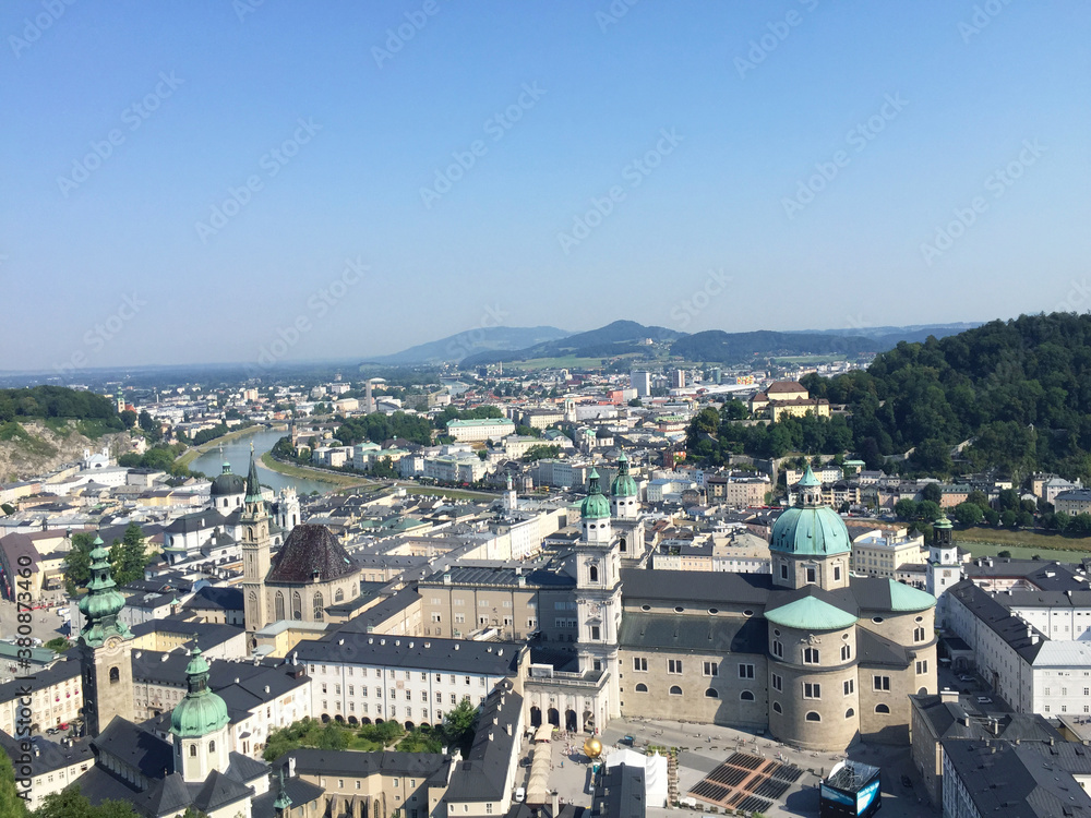 View of the old town and the Salzach river, seen from mountain in Salzburg, Austria 