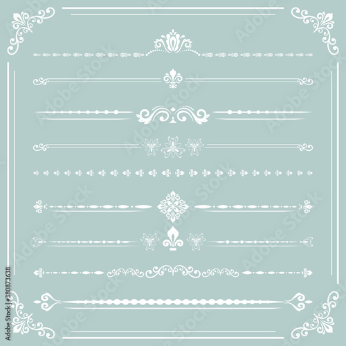 Vintage set of vector decorative elements. Horizontal separators in the frame. Collection of white different ornaments. Classic patterns. Set of vintage patterns