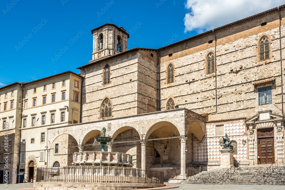 View at the Cathedral of San Lorenzo with Maggiore fountain in Perugia, Italy