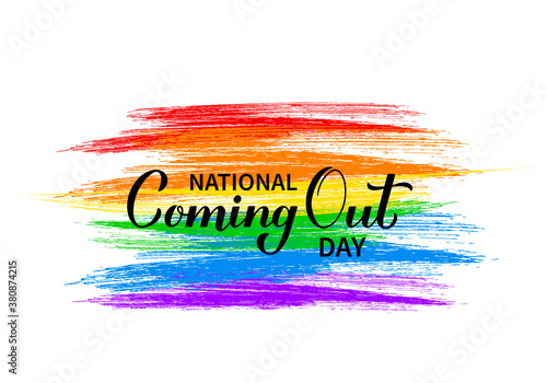 National Coming Out Day calligraphy hand lettering with rainbow flag. Annual holiday in USA on October 11. LGBT community concept. Vector template for banner, typography poster, sticker, t-shirt