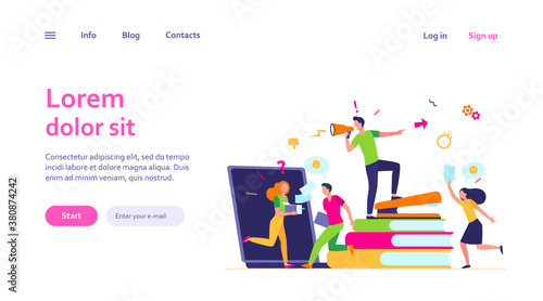 Office chaos vector illustration. Angry boss shouting at megaphone, busy employees running in hurry and panic. Can be used for lack of time, deadline, stress at work concepts