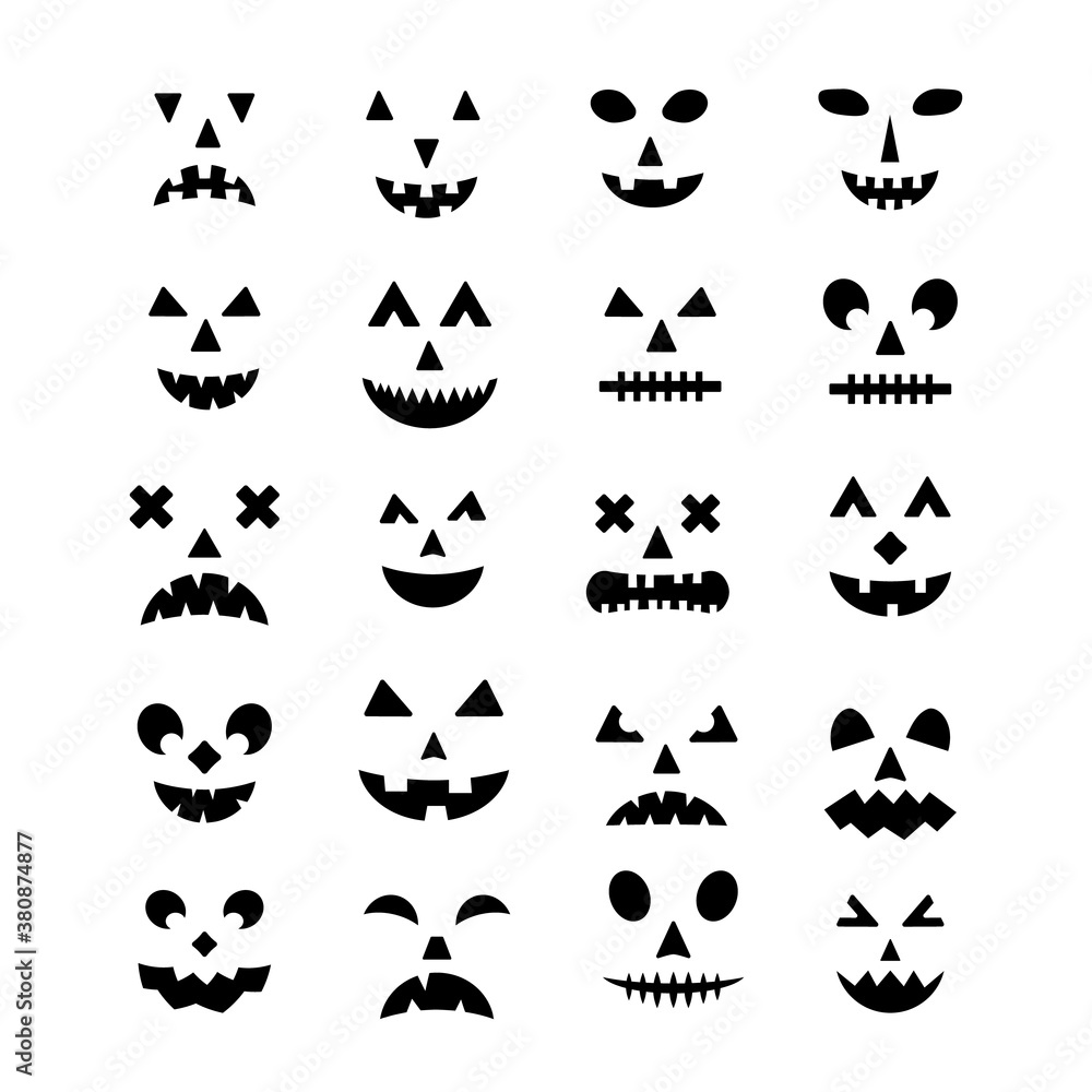 Halloween Pumpkin Faces icon set. Spooky Jack-o -Lantern vector elements isolated on white. Halloween party decorations Halloween Pumpkin Faces icon set. Spooky Jack-o -Lantern vector elements isolated on white. Halloween party decorations