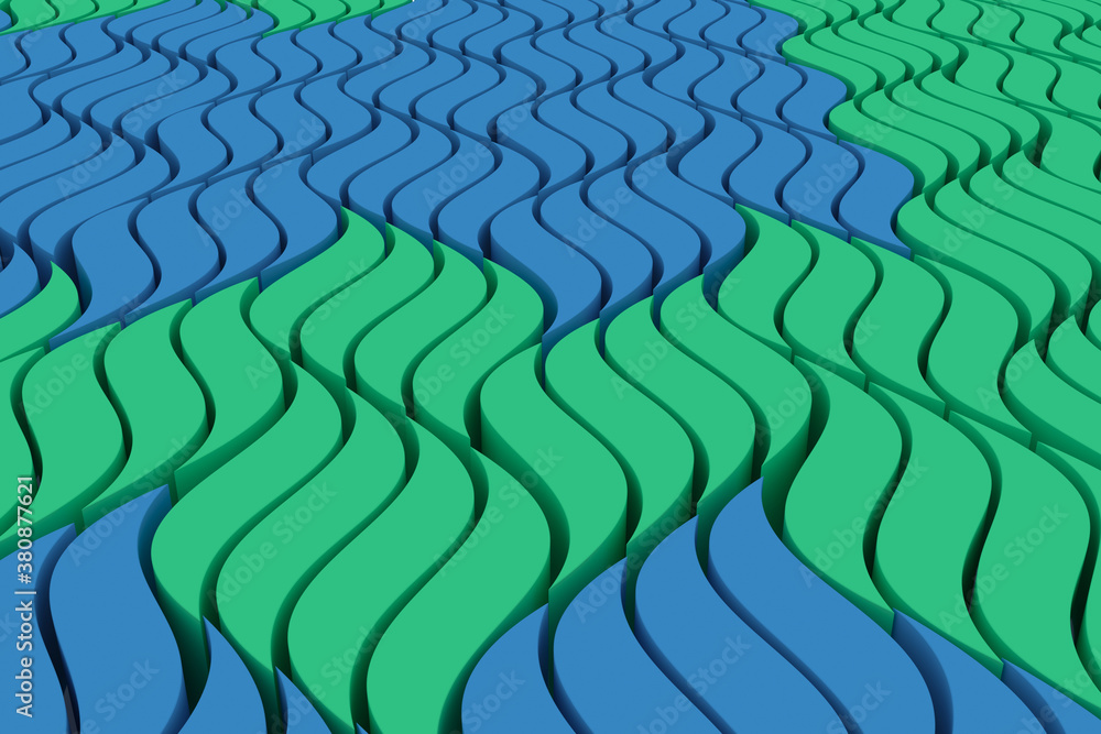 Fototapeta premium Volumetric green and blue waves in the form of a pattern