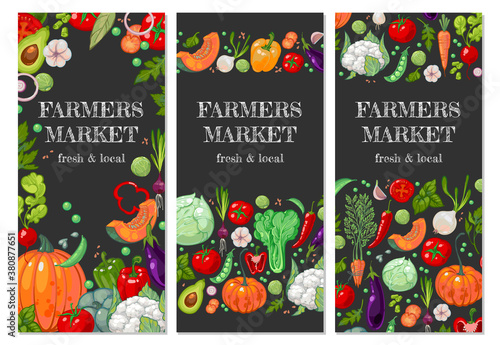 Promotional vertical banners for farmers market. Organic vegetarian food banner. Bright juicy garden vegetables on a chalkboard or dark background. A new crop of tomatoes, bell peppers, cabbage, onion