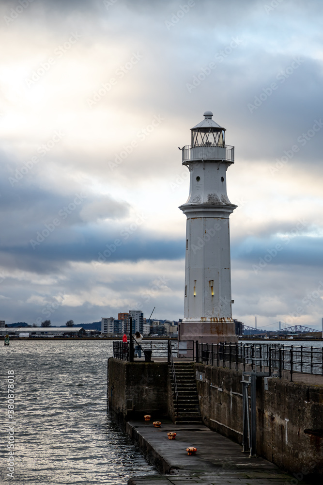 Newhaven Harbour Lighthouse Edinburgh Scotland in cloudy weather