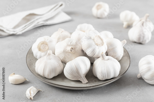 Fresh whole garlic bulbs closeup