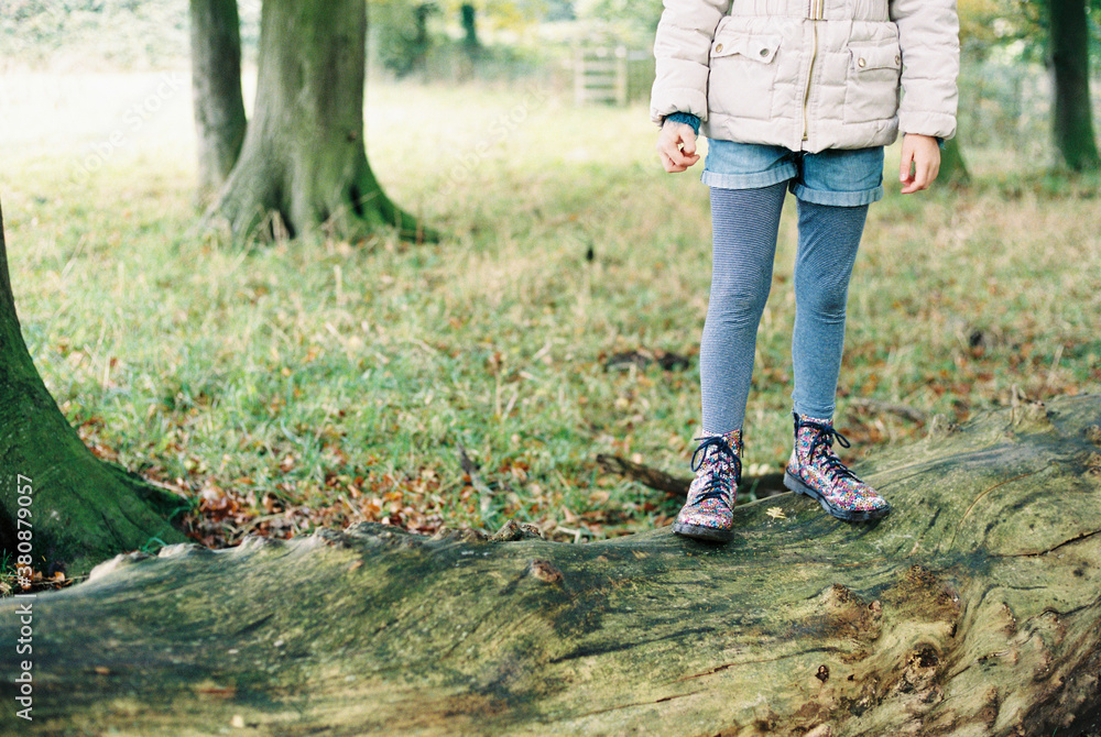 A little girl in flowery boots standing on a fallen tree. A little girl in flowery boots standing on a fallen tree.