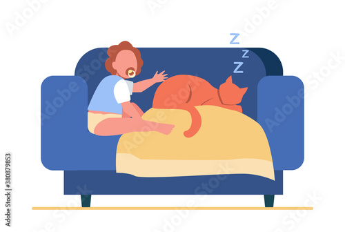 Baby sitting on sofa with sleeping cat. Pet, baby, child flat vector illustration. Domestic animals and childhood concept for banner, website design or landing web page