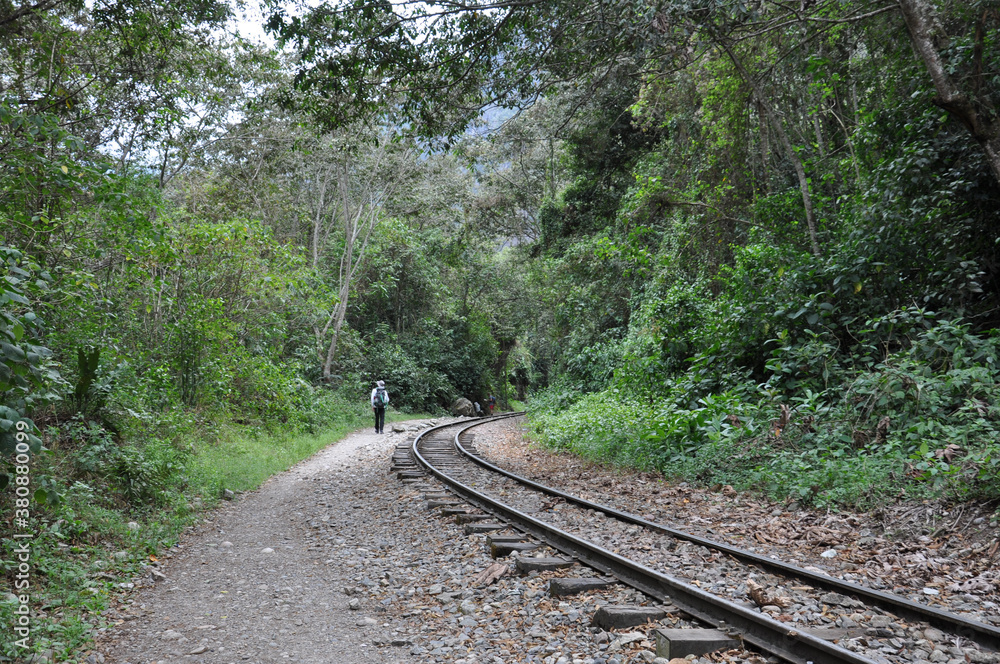 Railroad tracks in the jungle near Aguas Calientes, the gateway to Machu Picchu, with a hiker in the distance Railroad tracks in the jungle near Aguas Calientes, the gateway to Machu Picchu, with a hiker in the distance