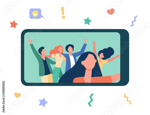 Happy friends taking selfie on smartphone during party. Fun, mobile phone, holiday flat vector illustration. Friendship and celebration concept for banner, website design or landing web page
