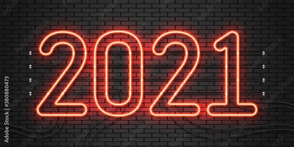 2021 neon text. Happy 2021 new year neon banner. Vector Illustration.