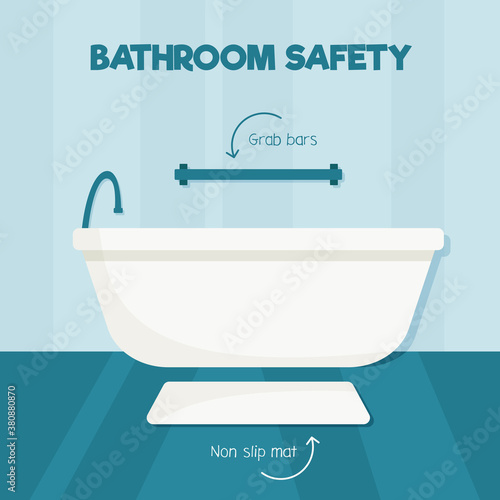 Bathtub with grab bars and non slip mat. Bathroom safety month concept. Safe interior for seniors and elderly people. Vector flat illustration