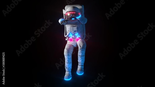 Funny Dancing Astronaut With Neon Light Space Suit. Alpha Channel. Seamless Loop