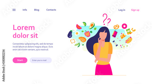Woman choosing between healthy and unhealthy food. Character thinking over organic or junk snacks choice. Vector illustration for good vs bad diet, lifestyle, eating concepts