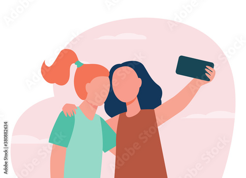 Two girls taking selfie on smartphone. Friend, phone, photo flat vector illustration. Friendship and digital technology concept for banner, website design or landing web page