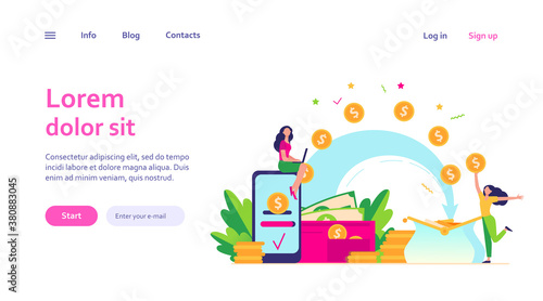 Stylized people sending payment and receiving money isolated flat vector illustration. Cartoon tiny woman with wallet and coins. Remittance, bank and financial transactions concept