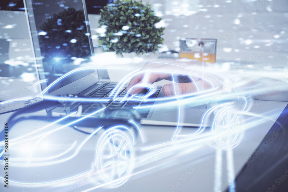 Fototapeta premium Automobile theme drawing with businessman working on computer on background. Autopilot taxi concept. Double exposure.