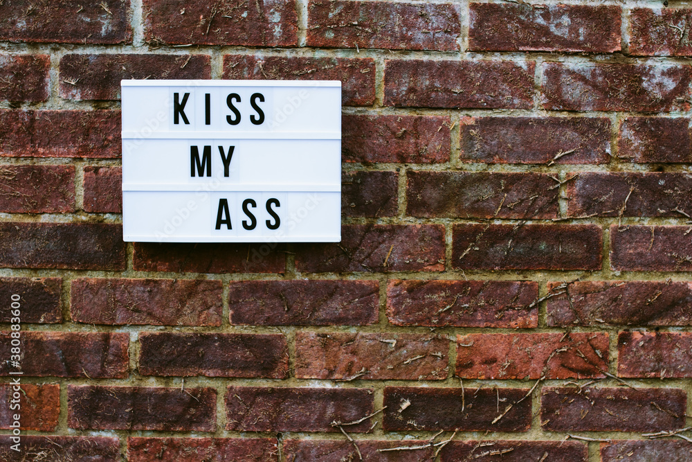 The words kiss my ass spelled out on a light box on a brick wall. The words kiss my ass spelled out on a light box on a brick wall.