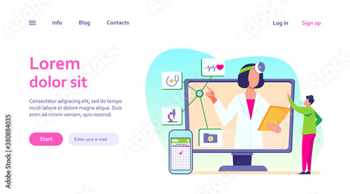 Online medical assistance vector illustration. Man using smartphone app for consulting doctor. Male patient chatting with practitioner on internet
