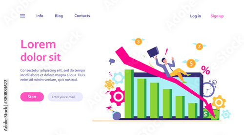 Person having going through financial troubles, money loss and crisis. Business man falling down with recession chart. Vector illustration for bankruptcy, economy failure concepts
