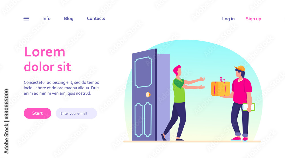 Courier delivering order to customer door. Man getting parcel, box, package flat vector illustration. Postman, shipping, service concept for banner, website design or landing web page Courier delivering order to customer door. Man getting parcel, box, package flat vector illustration. Postman, shipping, service concept for banner, website design or landing web page