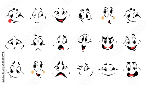 Funny cartoon faces. Comic different emotions. Vector character collection expressions smile and confused, angry and sad. Cute emoji contour black lines with red tongue isolated on white background