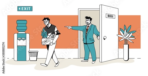 Boss fires employee. Workman dismissal scene. Unhappy jobless office worker with personal stuff leave company, lack of human resources and end of career vector concept flat cartoon illustration