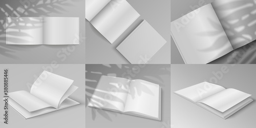 Brochure mockup. Realistic white blank magazine template with shadow overlay effect, open and closed flyer visualization element. 3d books from different angles with plant silhouette vector set