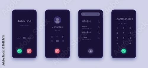 Incoming call screen. Smartphone application UI with contact interface, dial answer and decline buttons. Dark display for advertising gadgets, webposts and banners. Vector realistic mobile mockup
