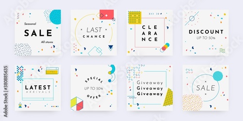 Memphis banners. Abstract retro posters with minimalistic patterns and geometric shapes in blue, red and yellow. Collection square white flyers vector graphic design template for social media posts