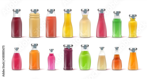 Realistic juice bottles. 3D Glass jars with colored fruit drinks, brand mockup template for beverages advertising. Full closed transparent containers with liquids vector apple lemon orange product set