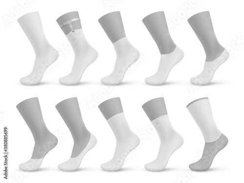 Socks types. Realistic blank different pairs of stocking, 3D mockup templates set of no-show, low-cut, ankle, mid calf, over the calf. Products on mannequins with shadow vector isolated illustration