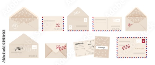 Envelope and greeting card. Cartoon invitation letter and postcard set with post stamps. Kraft paper square covers front and back, open and close postal express delivery. Vector isolated collection